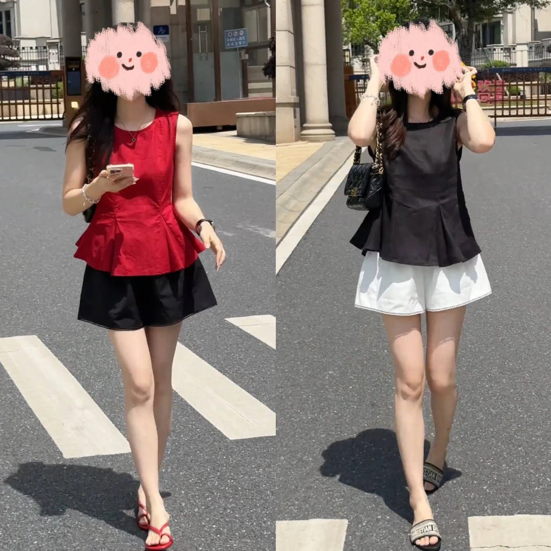 2025夏季新款高级感宽松显瘦气质无袖上衣下摆镂空花边短裤两件套