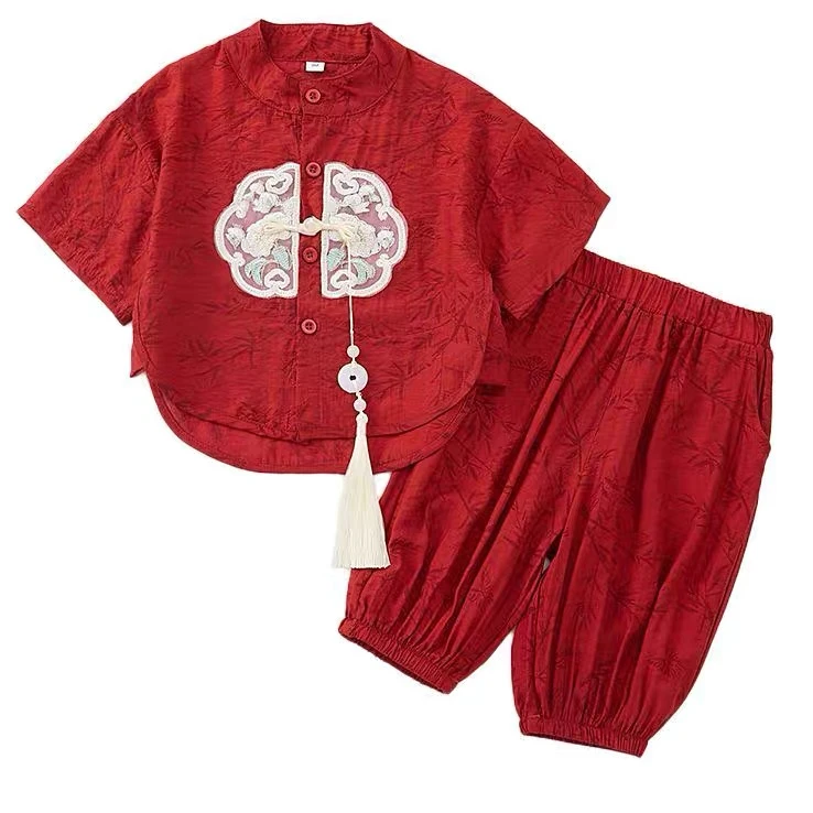 宝宝中式新款男童唐装女童夏装套装夏季国风短袖汉服儿童两件套