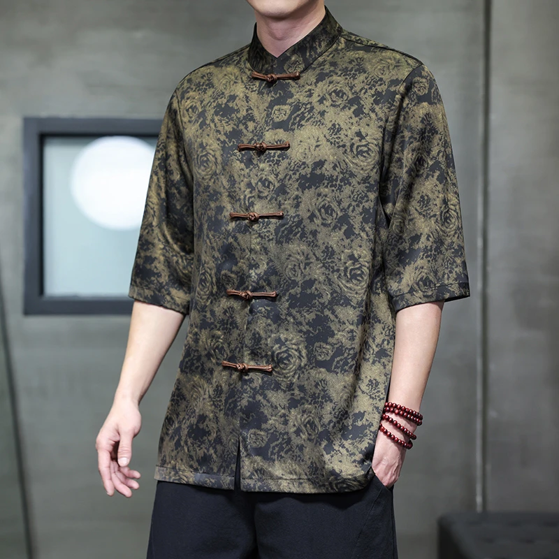 冰丝短袖衬衫男士夏季薄款印花宽松T恤中国风复古改良汉服上衣潮