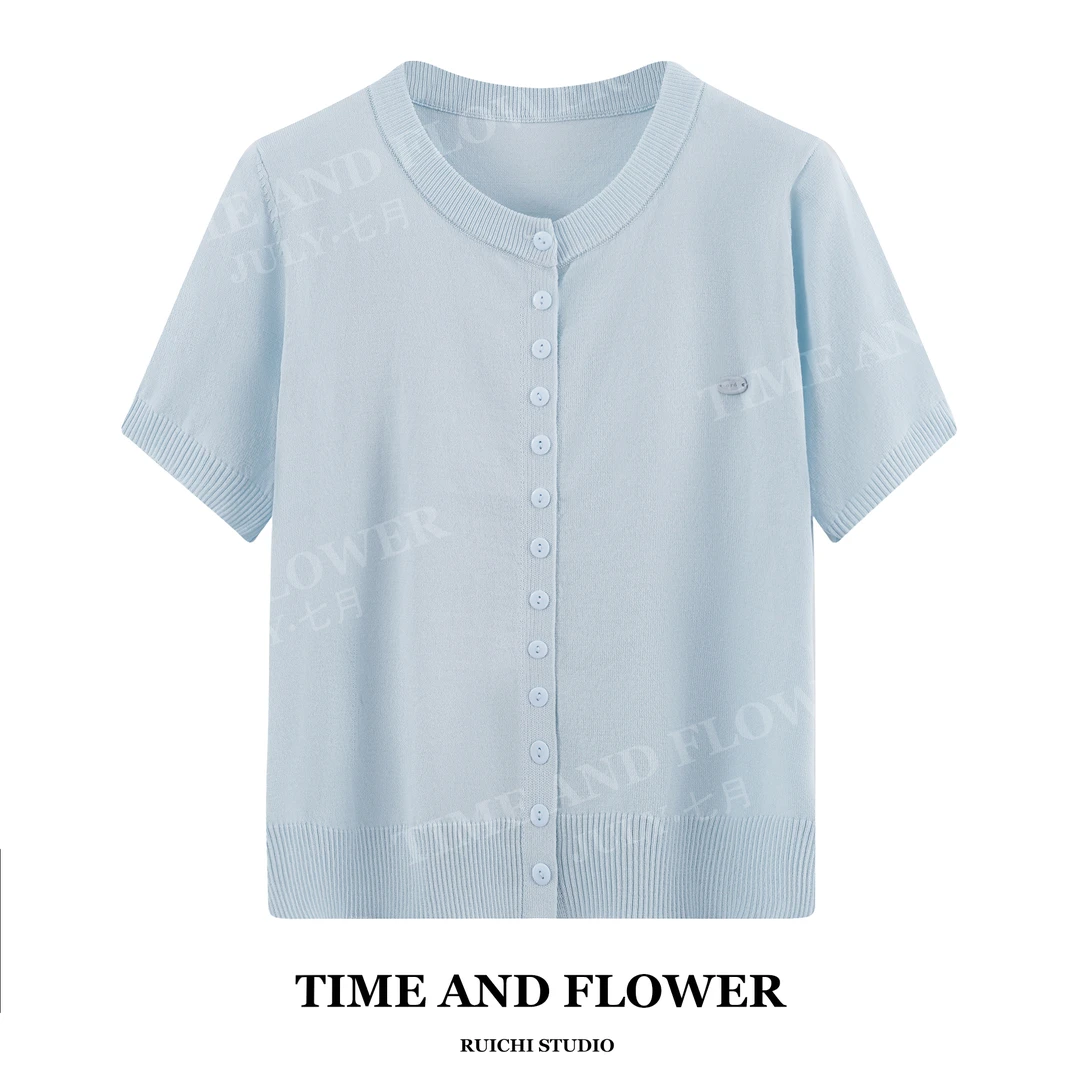 韩系休闲2025夏季新款天丝圆领短袖慵懒内搭打底纯色薄款针织衫