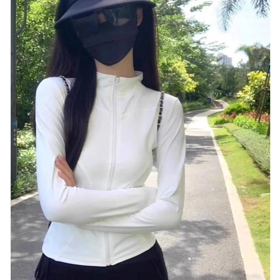 夏季纯色修身长袖防晒衫女韩版紧身短外套跑步时尚运动遮阳防晒衣