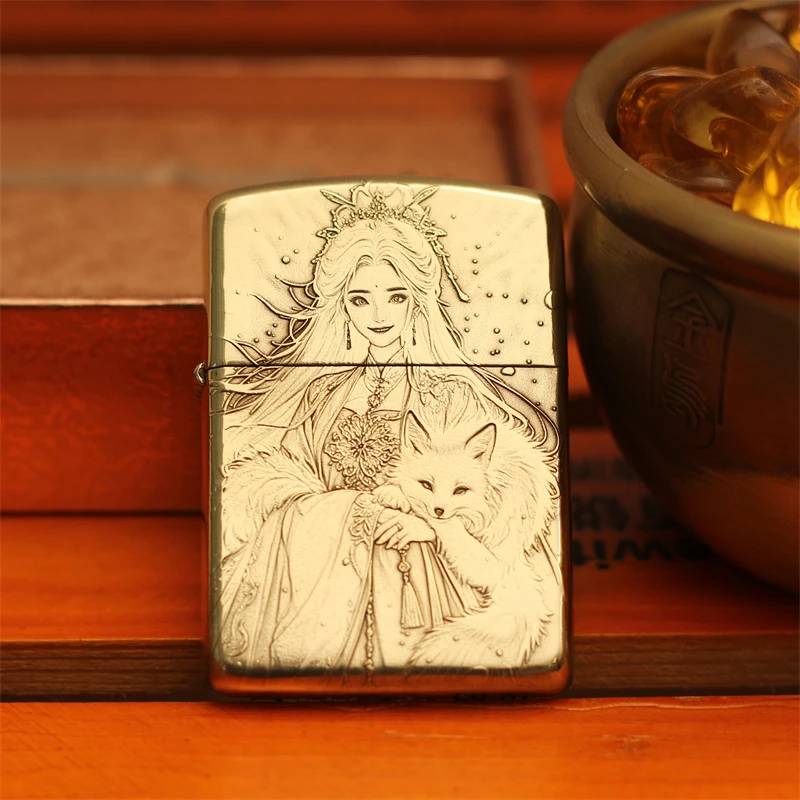 ZORRO金乌防风煤油打火机颜值黄铜盔甲灵狐公主浮雕人物古风美女