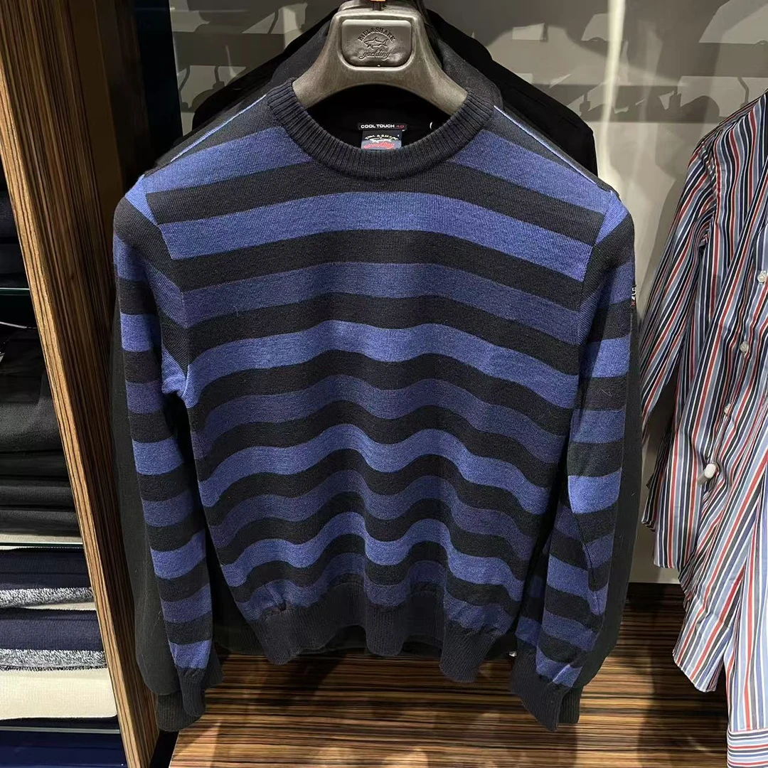 保鲨 不退换  圆领蓝黑条纹纯羊毛毛衣　下单联系客服