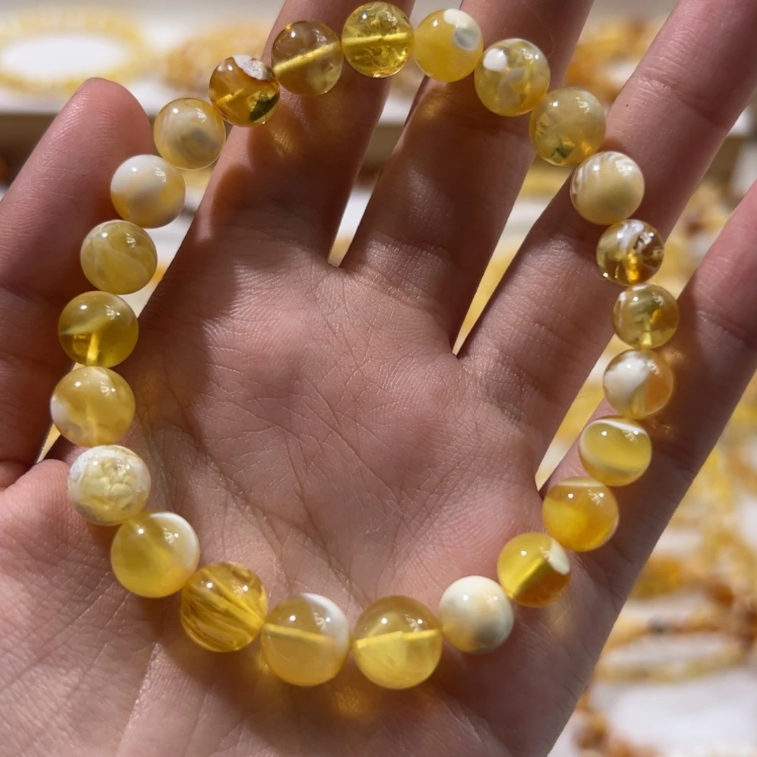 琥珀未镶嵌珠宝奇石金瓷白圆珠手串