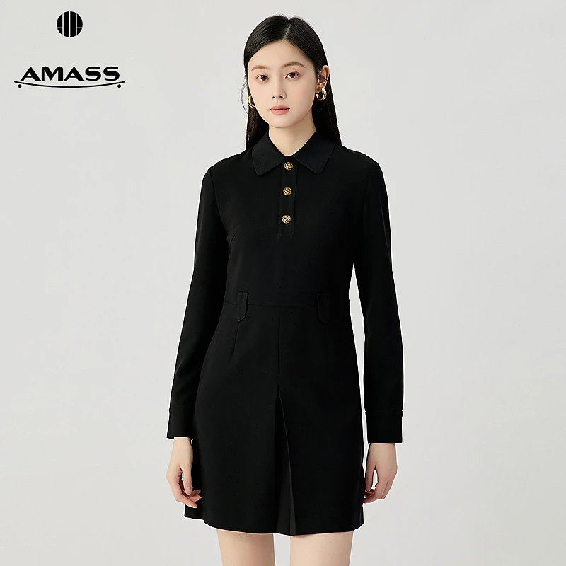 阿玛施AMASS 时尚女装百搭简约通勤圆翻领长袖短款连衣裙550060