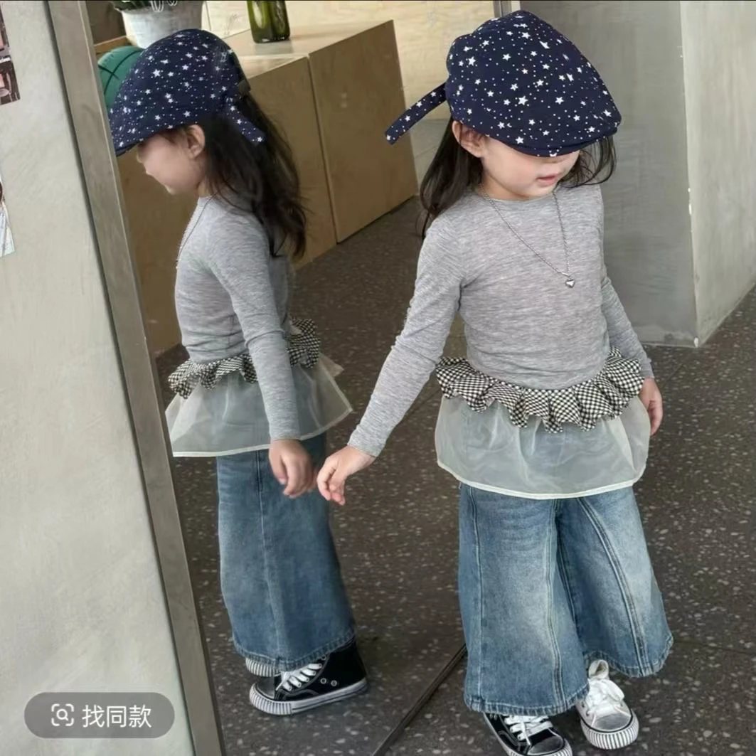 韩版女童2025年春季新款洋气百搭灰色打底衫屁帘牛仔裤套装两件套