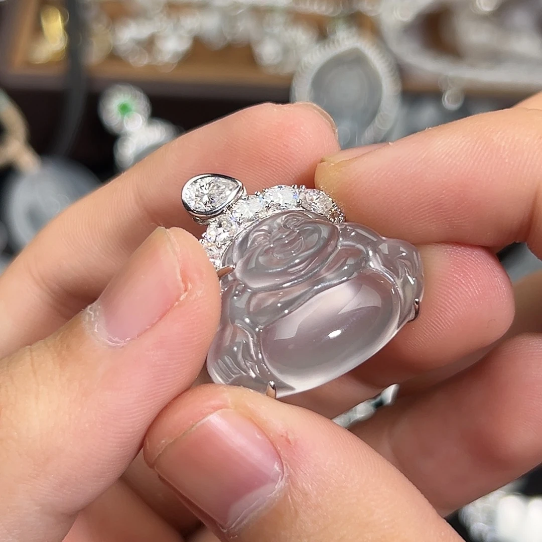 石英质玉银S925镀金镶嵌颈饰莫桑佛公