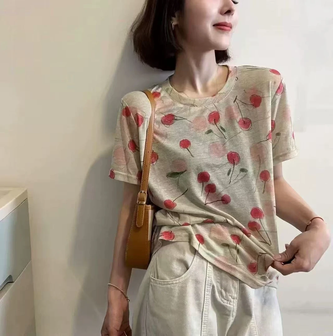 胸106-150长60圆领短袖樱桃印花套头百搭T恤上衣 1053