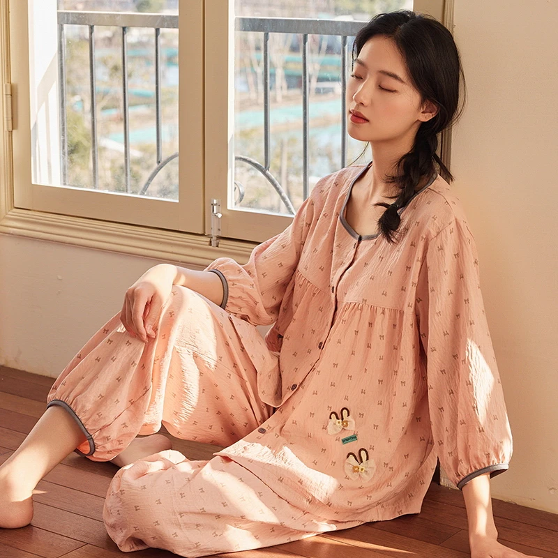 睡衣女款爆款2025新款夏季带胸垫七分袖九分裤可外穿大码家居服女