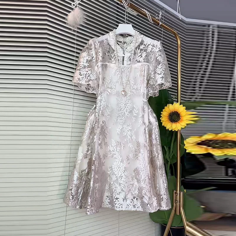 加大码女装镂空立领流苏扣旗袍裙胖妹妹复古风设计感高级感连衣裙