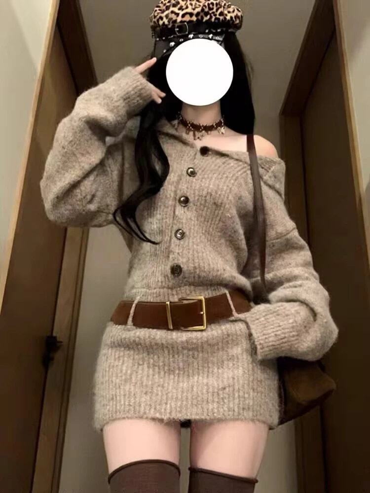 韩系纯欲辣妹性感露肩长袖灰色毛衣裙修身包臀裙针织连衣裙春冬季