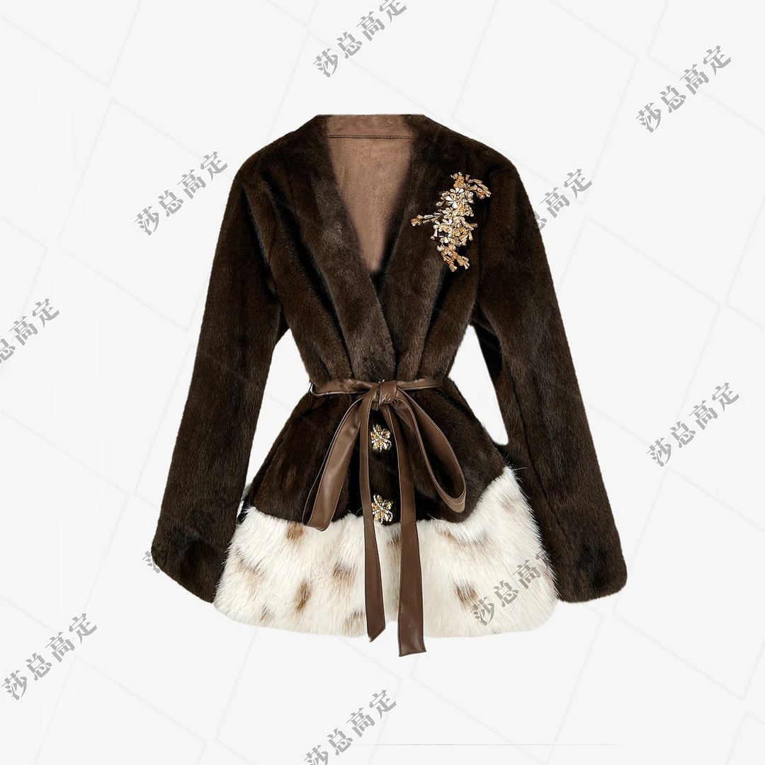 【夏夏专属】韩式冬季新款高级感撞色气质束腰减龄显瘦毛外套D0031