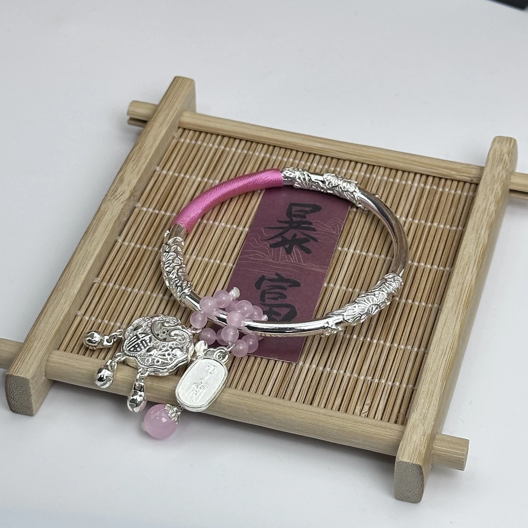 足银手镯 银9999实心繁花似锦闭口蝴蝶平安锁银手镯送女友闺蜜礼