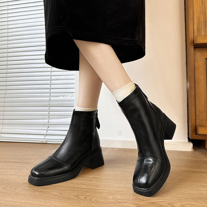 高跟方头短靴马丁靴春秋季加绒单靴女靴后拉链短靴女士粗跟靴子
