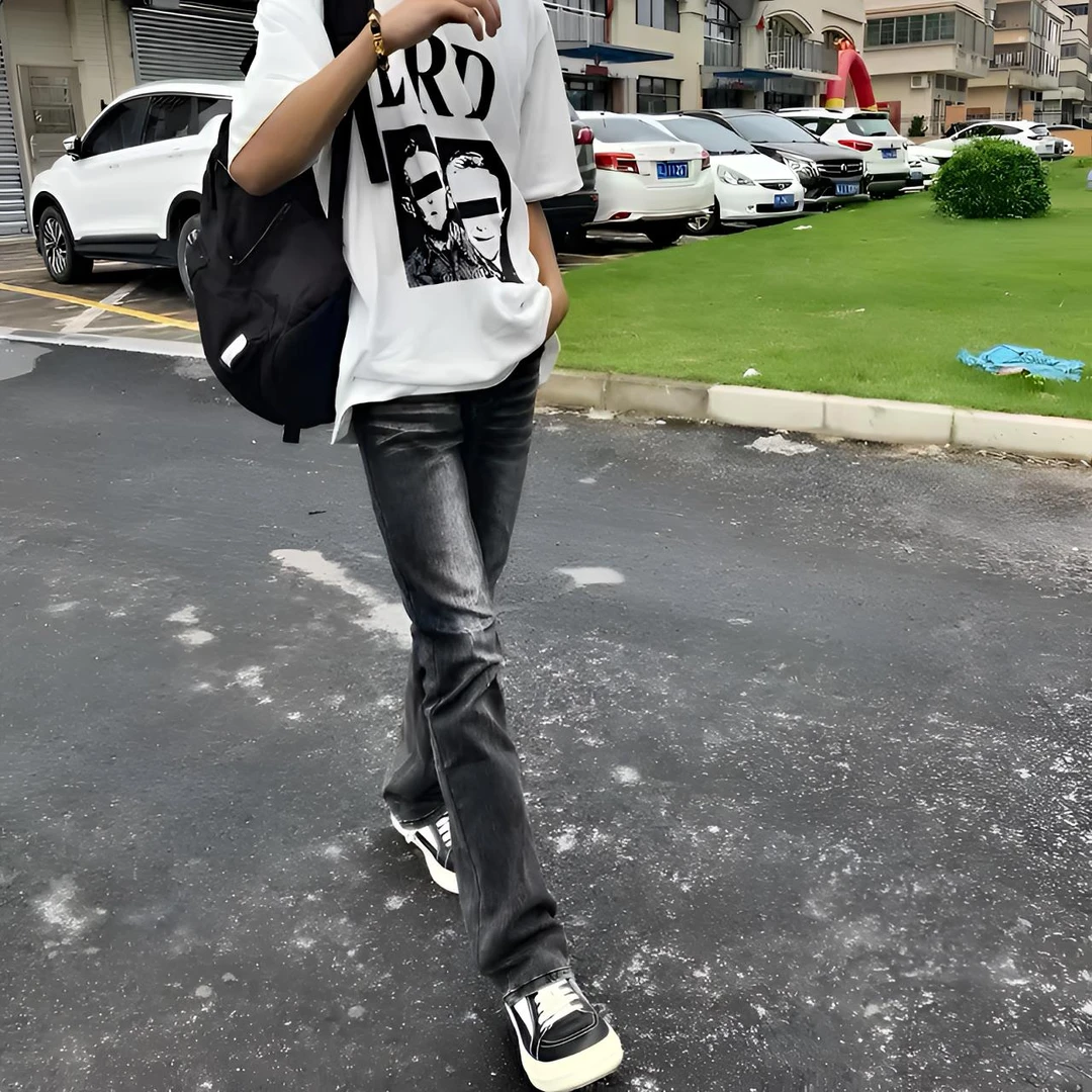 纪璇美式水洗cleanfit直筒微喇宽松高街vibe黑灰517牛仔裤黑牛