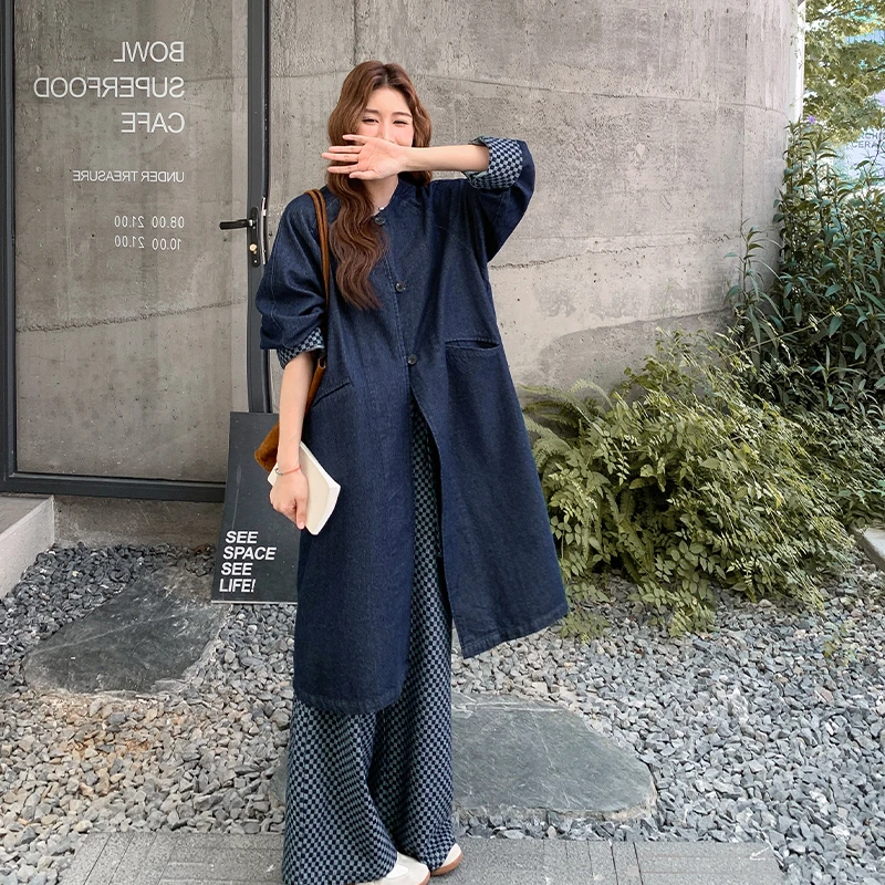 韩系休闲复古牛仔套装女2025春秋高级感长款风衣格子阔腿裤两件套