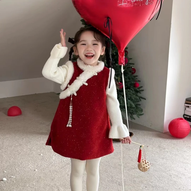 女童旗袍拜年服加绒呢子背心红裙加厚女宝宝中国风盘扣加厚拜年裙