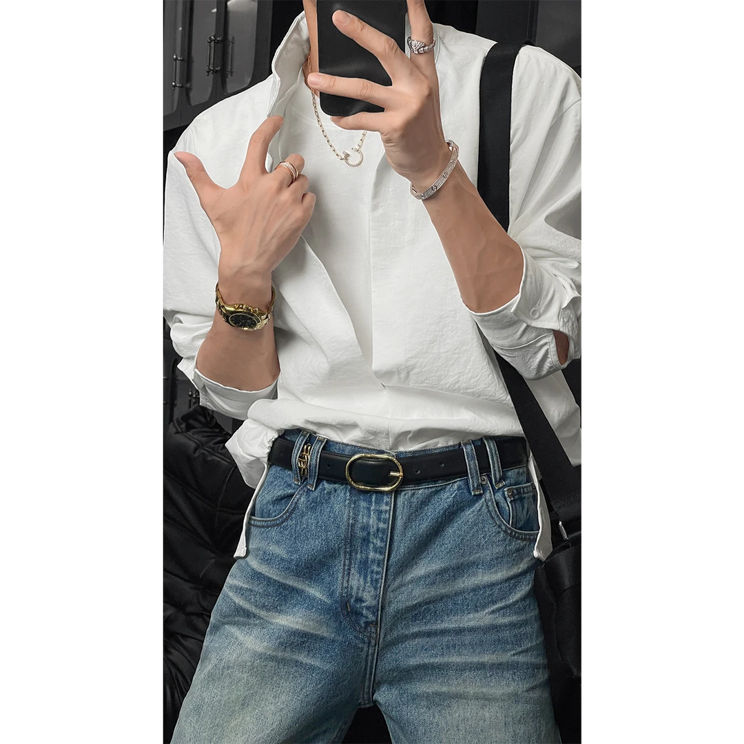 夏季新款潮流双层假两件设计感小众圆领T恤百搭宽松长袖衬衫