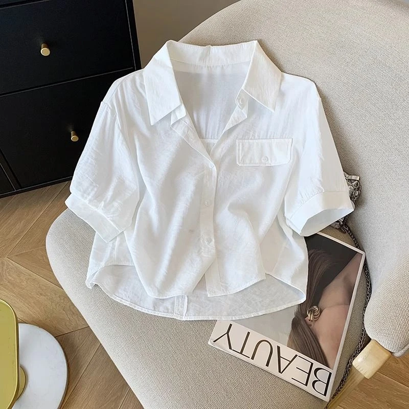 白色polo领短袖衬衫女夏季上衣新款开衫透气小个子外穿短款衫