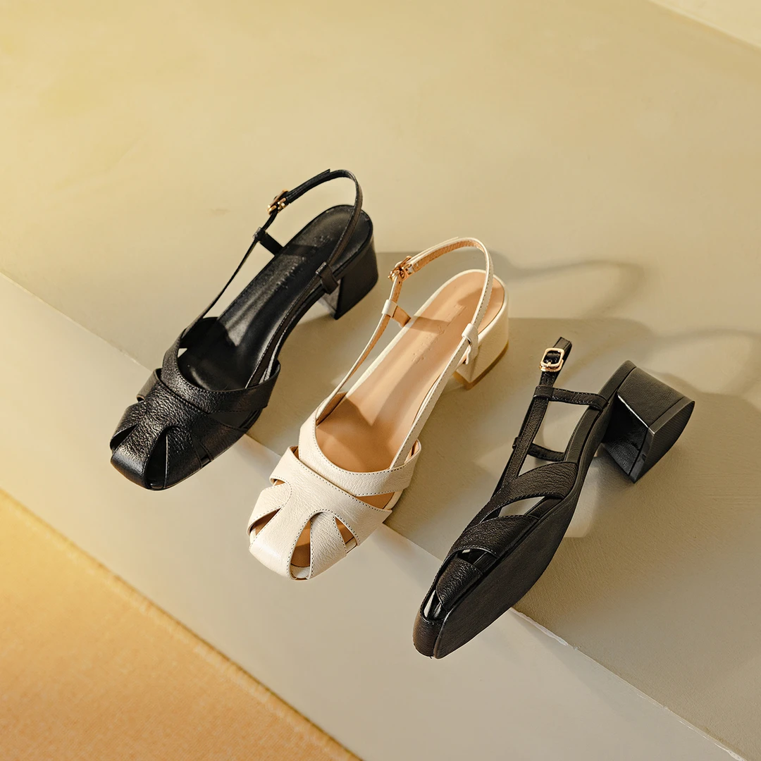 5cm粗跟/超软小羊皮包头凉鞋女夏2025新款镂空软底透气女鞋配裙子