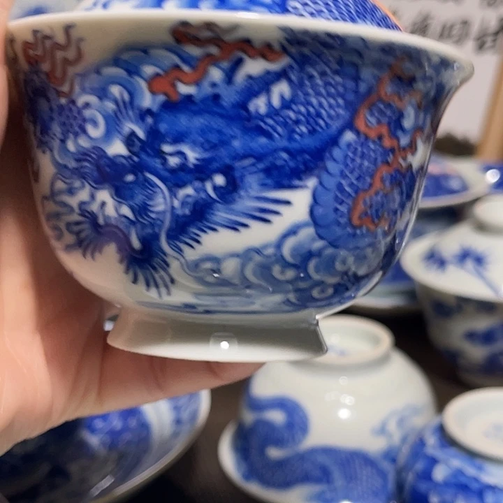 刷***音青花龙纹盖碗微微瑕