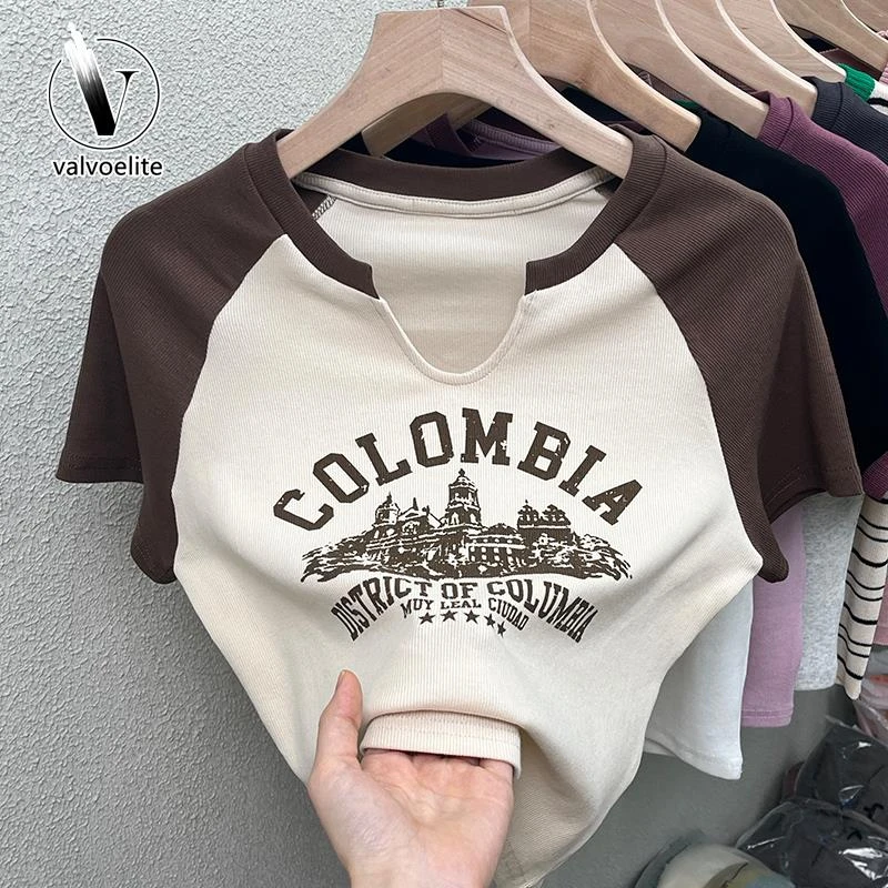 VALVOELITE美式复古甜辣妹短款修身显瘦短袖体恤设计感小众上衣女