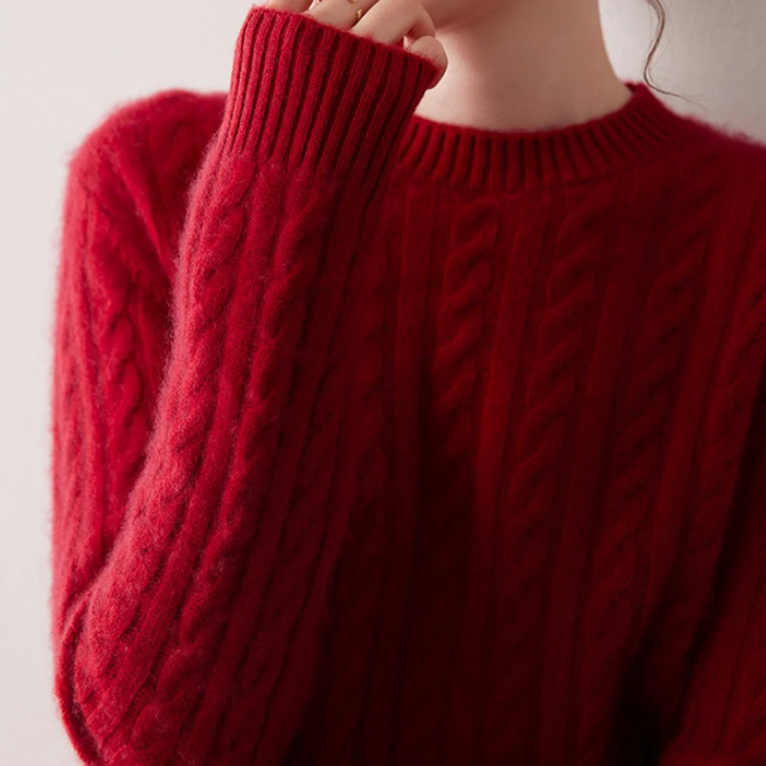 重工圆领麻花加厚羊绒衫女秋冬宽松休闲百搭套头山羊绒针织打底衫