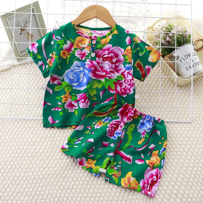 夏季童装儿童套装夏装家居服空调服薄款印花短袖短裤分体女童婴儿