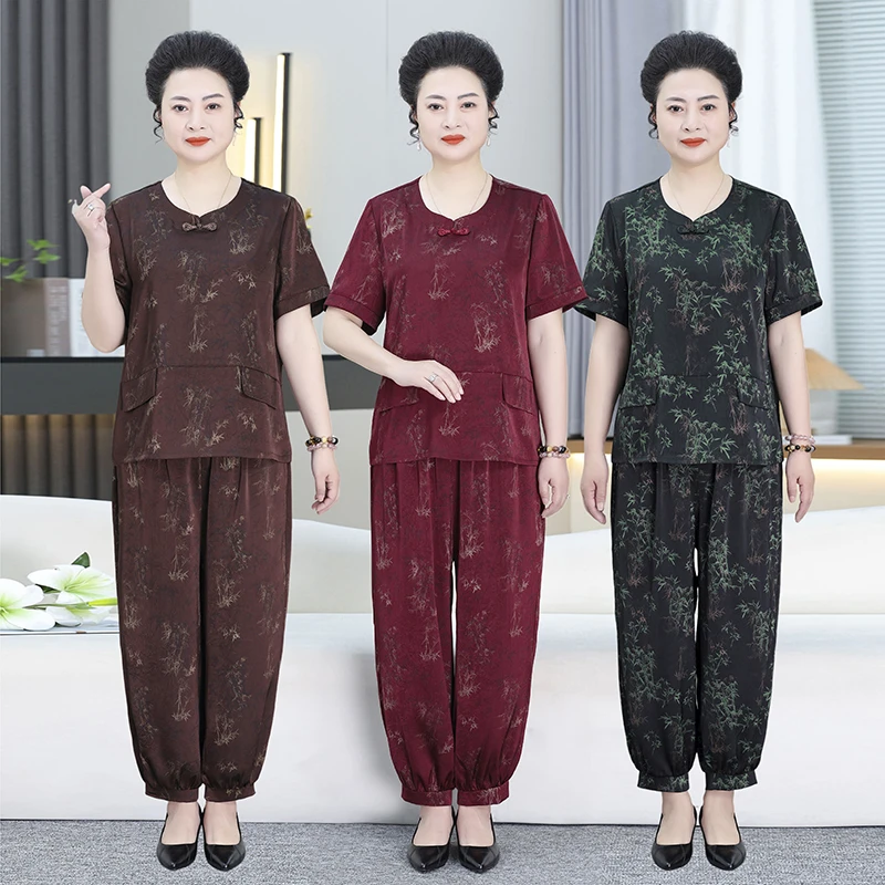 大码妈妈装夏季新款国风盘扣花色套装中老年上衣+裤子两件套2553