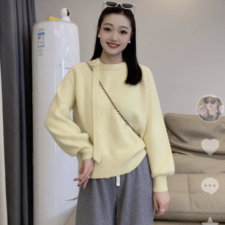 41#不起球秋冬套头圆领飘带长袖纯色毛衣针织衫