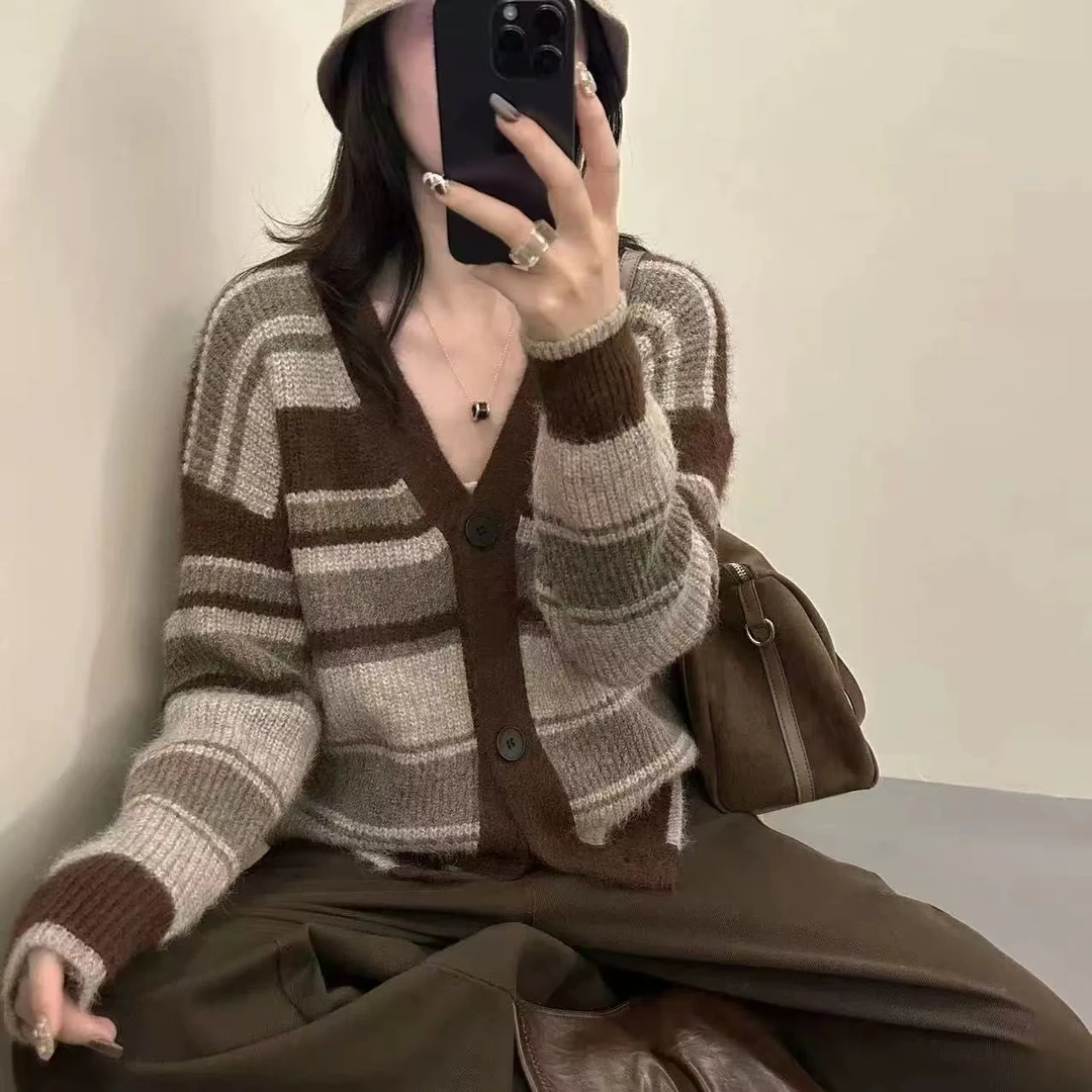 加厚2025新款纯色韩版宽松V领长袖针织开衫女显瘦休闲百搭