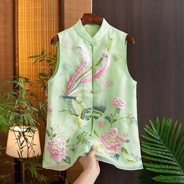 汉服女款新中式旗袍马甲外搭民族风印花唐装上衣国风盘扣外套新