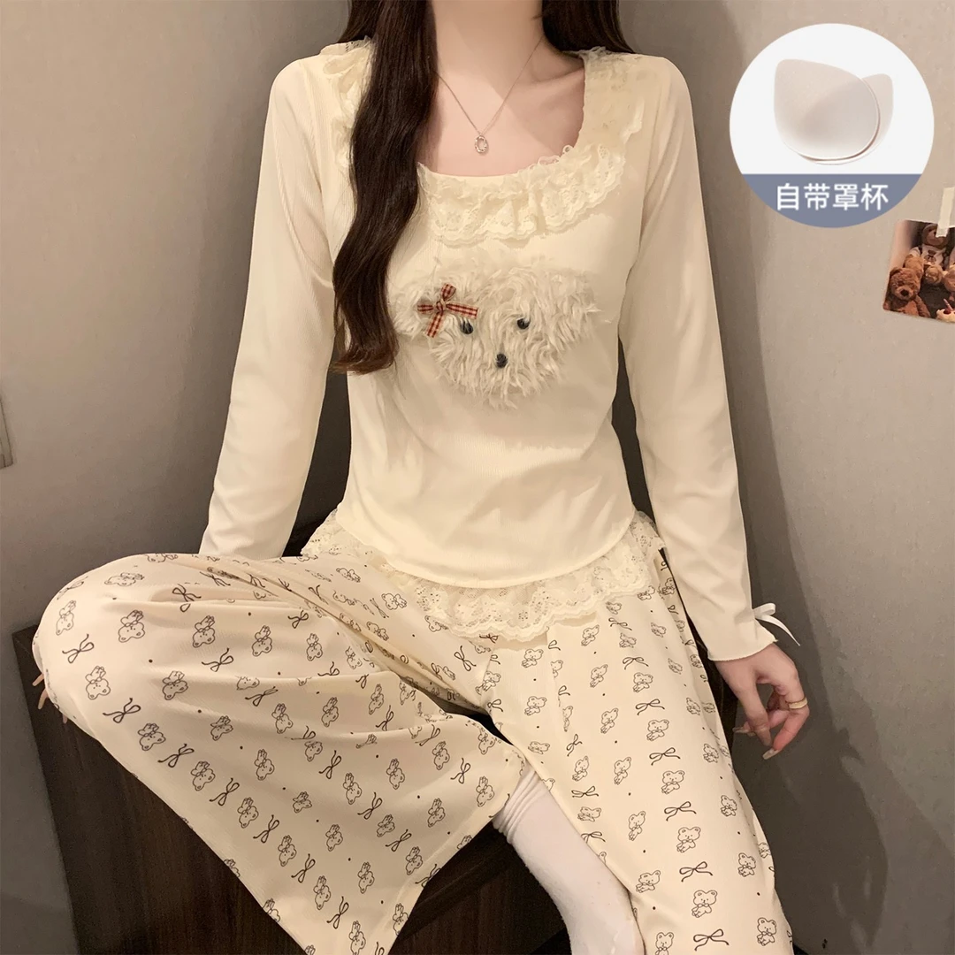 带胸垫睡衣女春秋款韩系性感蕾丝花边可爱小狗长袖长裤冬季家居服