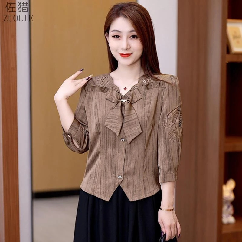 蝴蝶结蕾丝衬衫女2025春夏季新款宽松显瘦七分袖小衫v领打底上衣