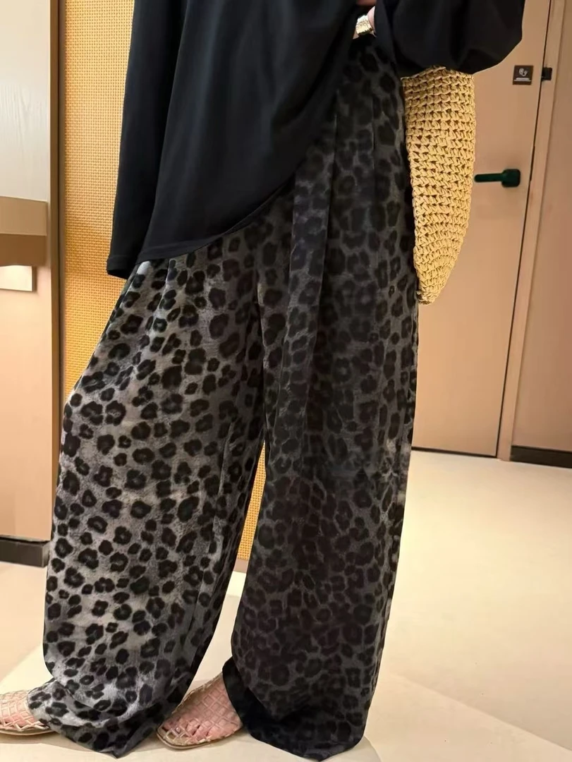 61065#【東Room】2025夏季韩系休闲宽松直筒阔腿渐变豹纹裤女