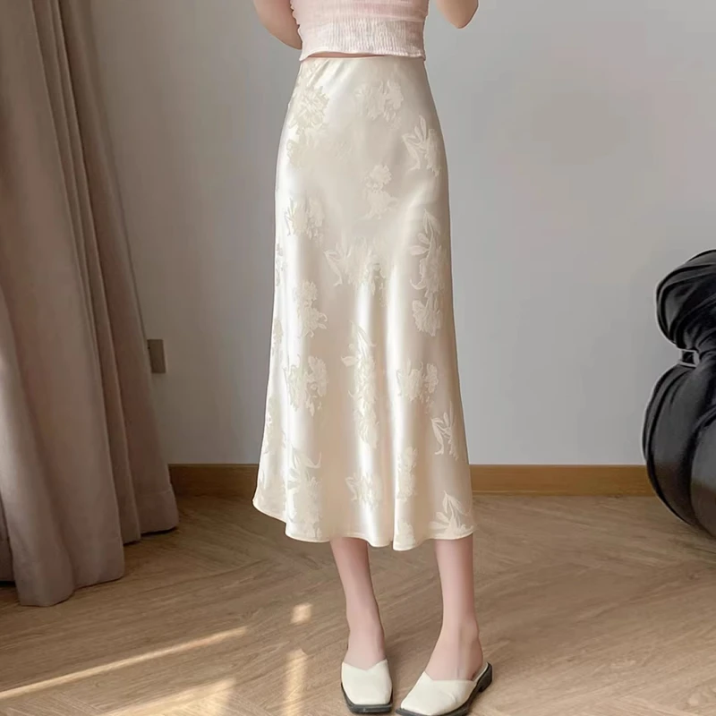 新中式中国风小个子开叉半身裙丝滑缎面鱼尾裙女春夏醋酸提花半裙