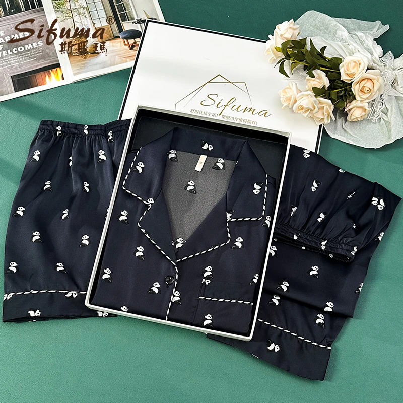 Sifuma/斯服玛《熊猫》夏季丝质短袖套装睡衣可出门家居服女
