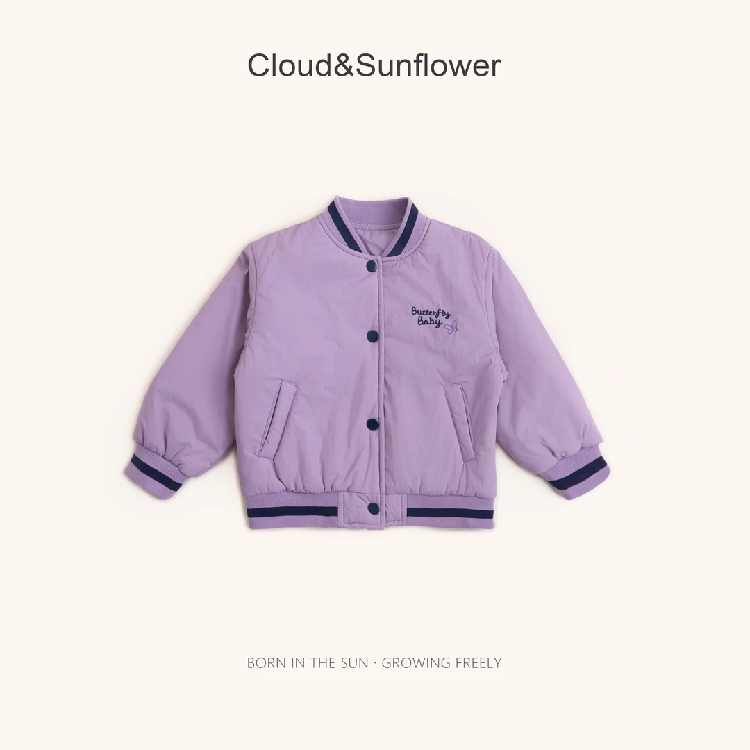 【云朵小葵】女童秋季加厚条纹织带英文蝴蝶结紫色棒球服外套555291