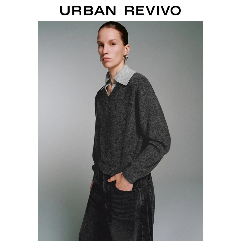 UR2026春季新款女装潮流撞色拼接翻领短款针织衫UWJ950118