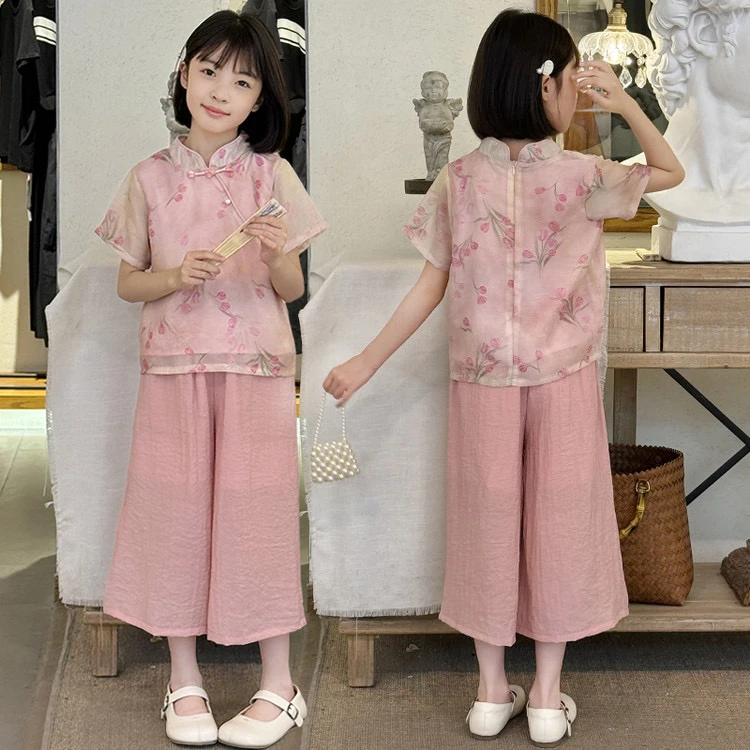 女童汉服新中式套装夏季新款中大童中国风改良夏装短袖两件套