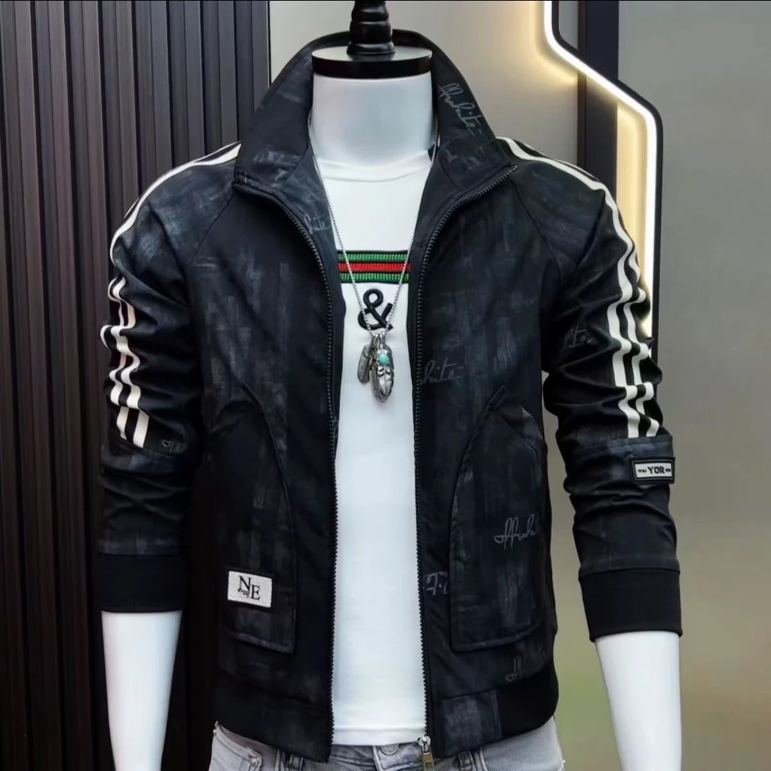 男士复古花纹夹克秋冬春秋时尚外套韩版修身潮流百搭潮流休闲上衣