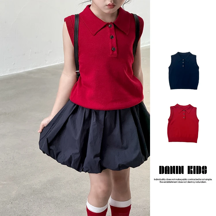 【嗒囜】女童夏季新款翻领针织无袖背心儿童衣服薄款上衣时尚童装