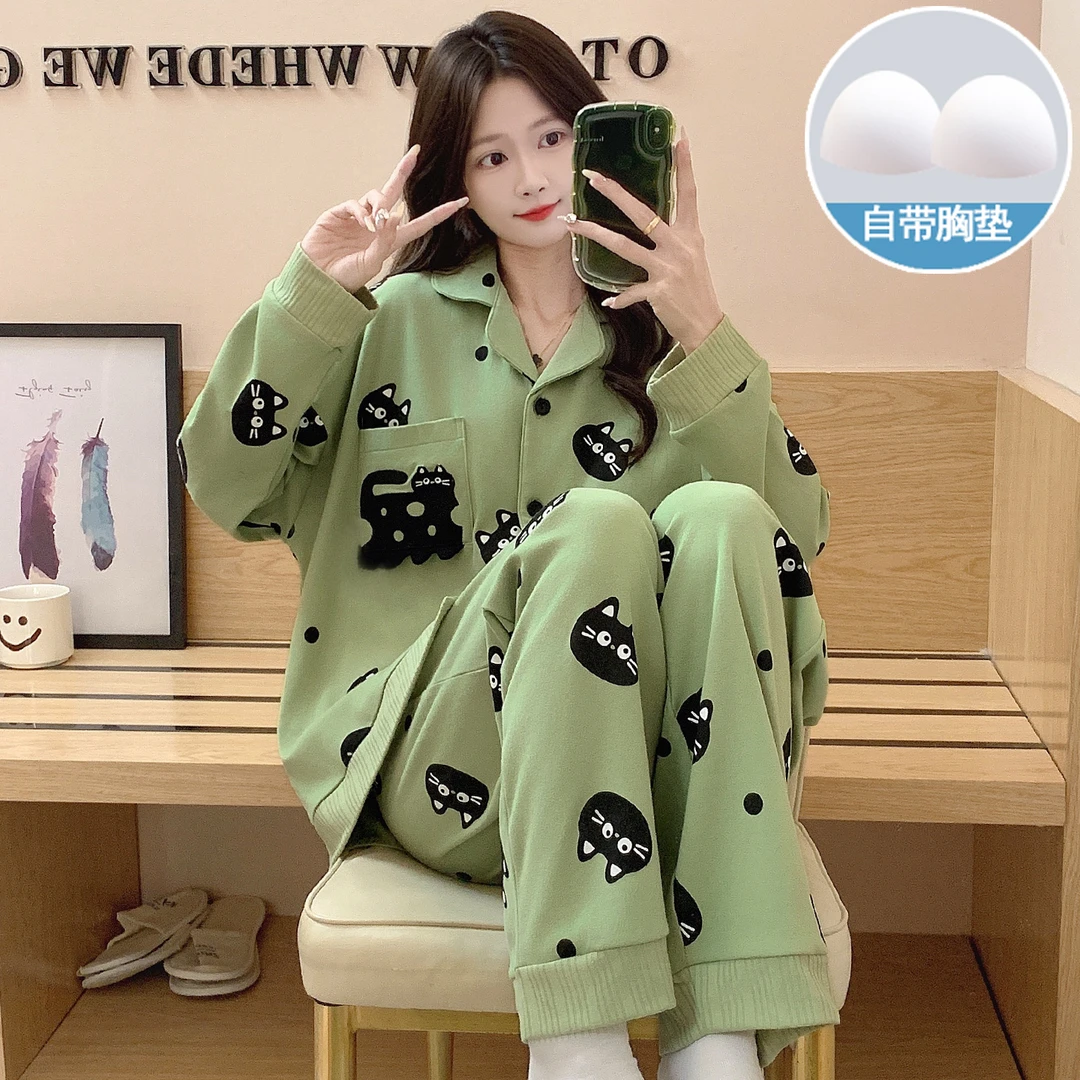 春秋季带胸垫睡衣女长袖黑色小猫高级感女大学生家居服套装可外穿