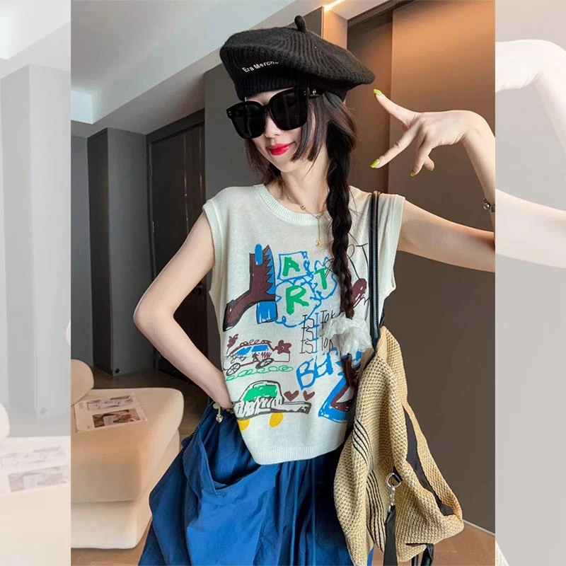 韩系杏色印花小飞袖正肩短袖t恤女夏季宽松显瘦冰丝针织短款上衣