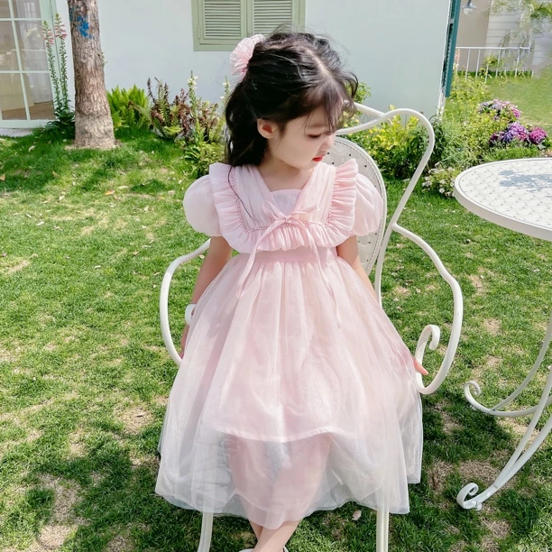 0406女大童夏季连衣裙2025新款女孩露肩公主裙小学生夏装纱裙