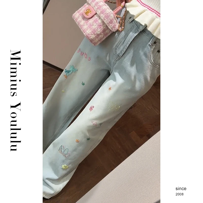 【mimius】肉肉 设计感彩线刺绣重工烫钻高腰牛仔裤 WG04059
