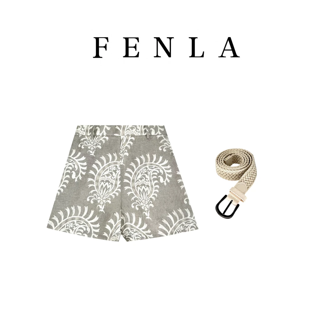 【惠姐私服】腰果花时尚印花麻料舒适百搭短裤 83760