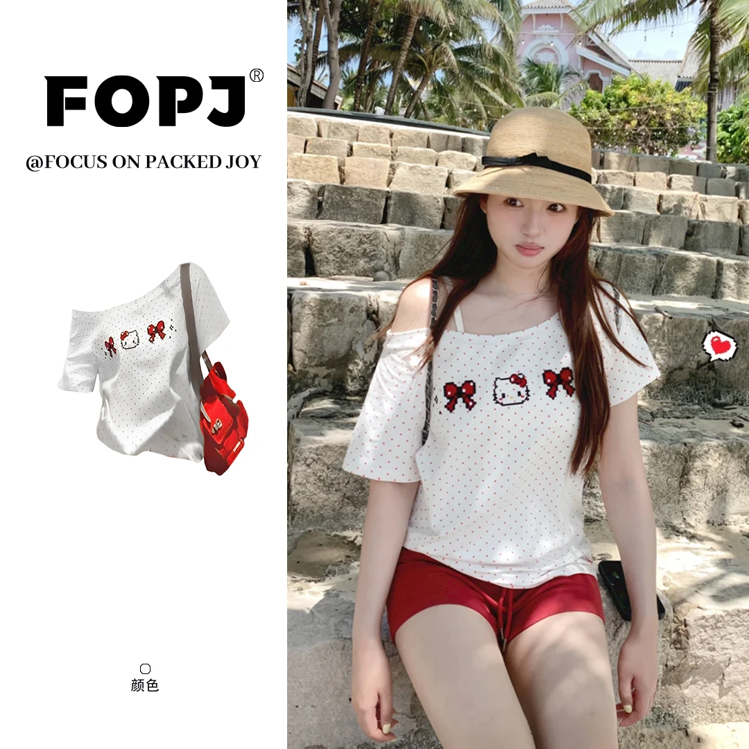 FOPJ刺绣款kitty斜肩波点短袖T恤学院风夏季设计感宽松显瘦上衣女