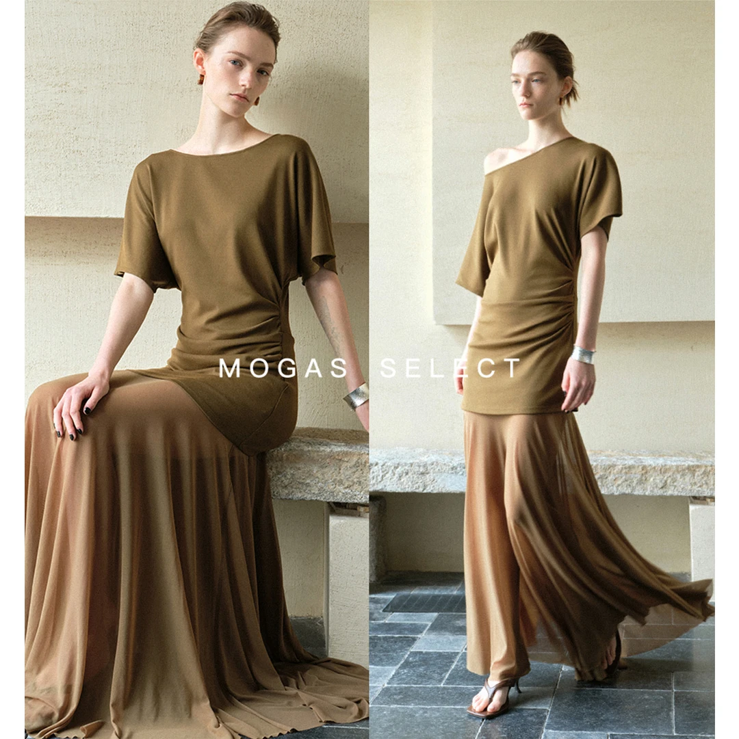 Moga重工不规则褶皱网纱拼接法式一字领短袖连衣裙女夏331909