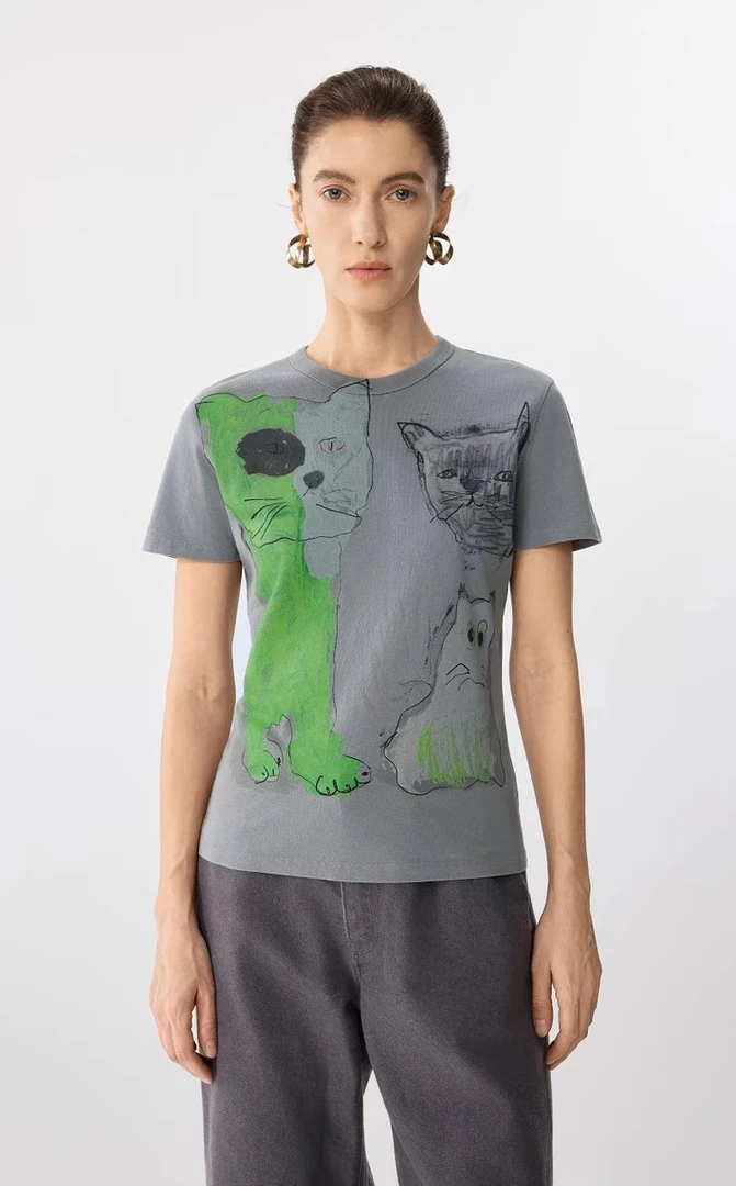 亦雯【灰漫画】JN25春夏新品T恤女正肩猫咪印花休闲百搭短袖